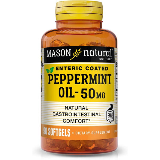 Mason Natural Peppermint Oil 50 mg softgels front bottle view for gastrointestinal support.