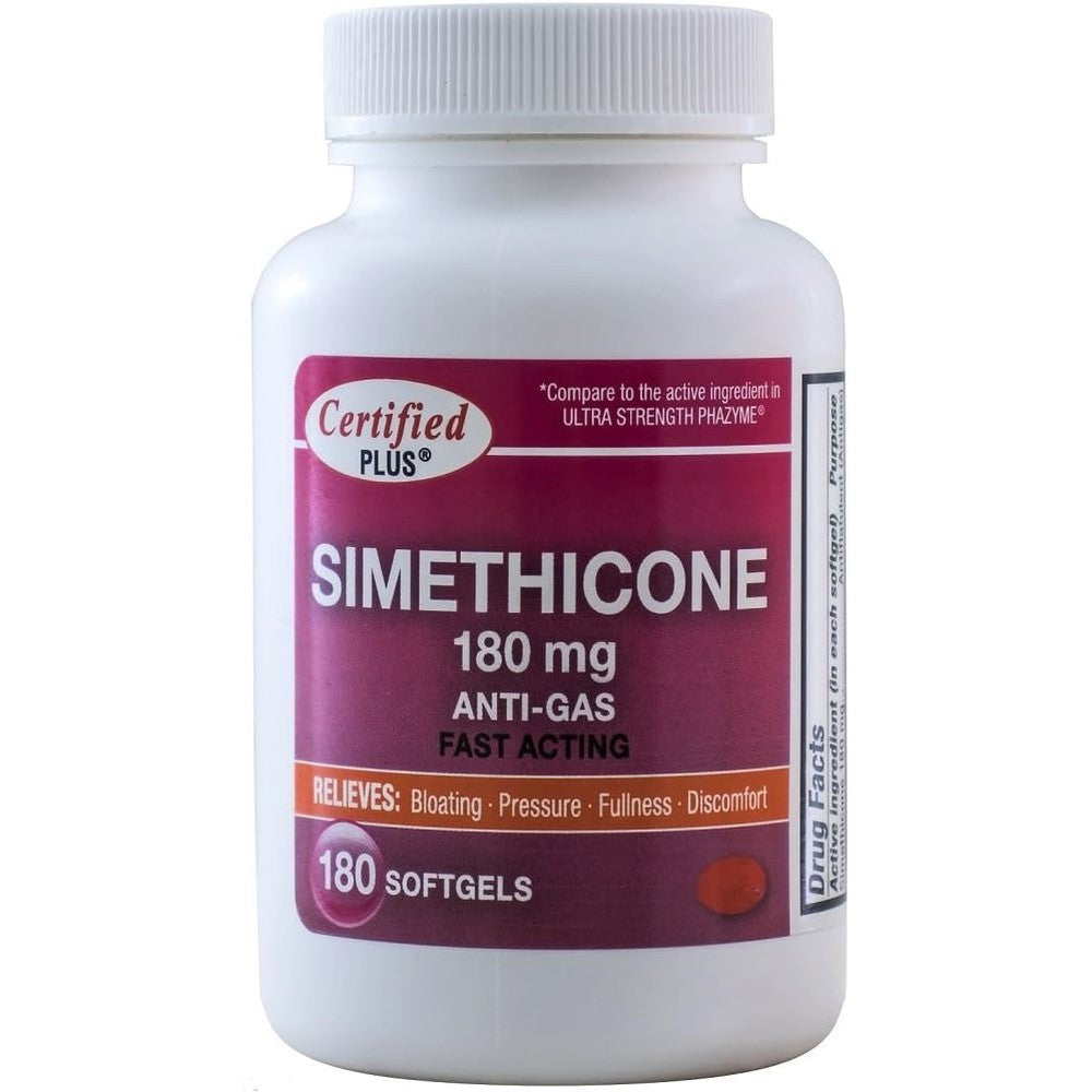 Advance Pharmaceutical Simethicone 180 mg front bottle view showing 360 softgels for ultra strength anti gas relief.