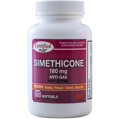 Advance Pharmaceutical Simethicone 180 mg front bottle view showing 360 softgels for ultra strength anti gas relief.