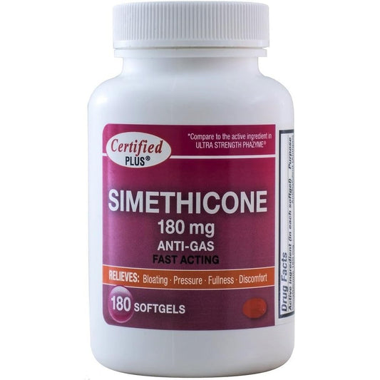 Advance Pharmaceutical Simethicone 180 mg front bottle view showing 360 softgels for ultra strength anti gas relief.