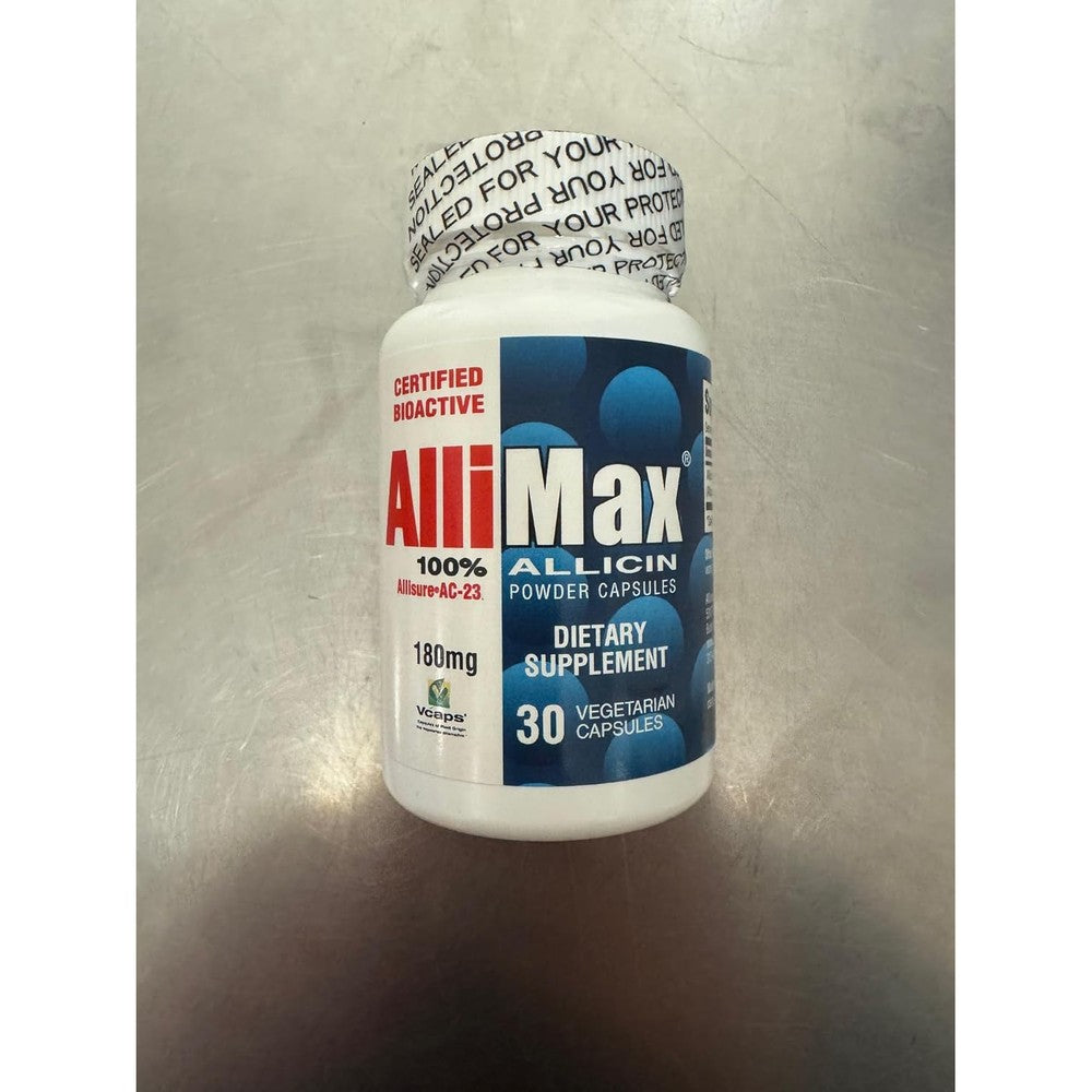 Allimax 100 percent allicin powder 180 milligram 30 vegetarian capsules bottle front view immune supplement