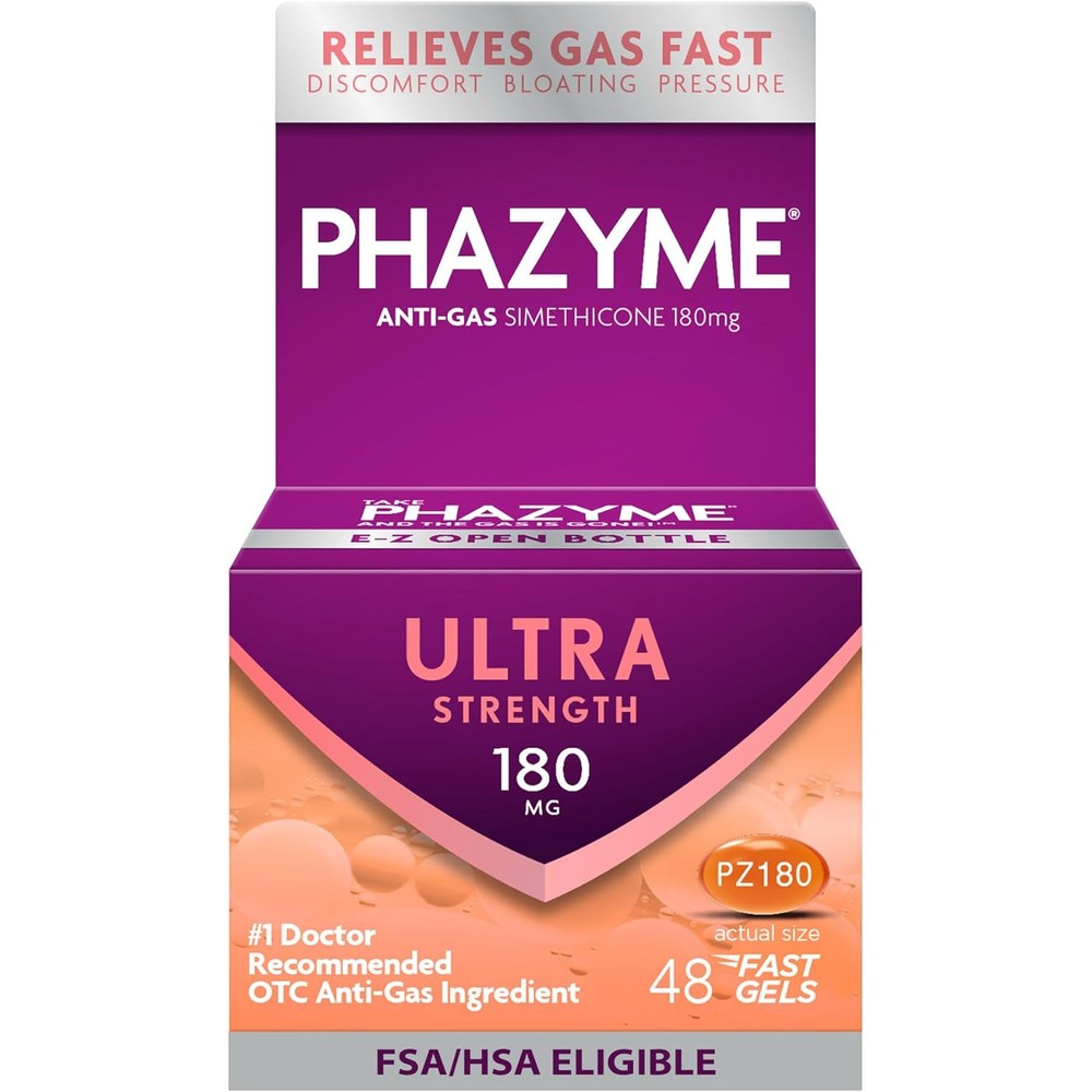 Phazyme Ultra Strength Gas Relief 48 Fast Gels front packaging showing anti-gas benefits