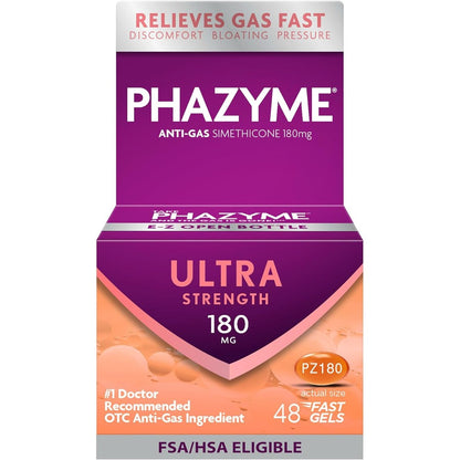 Phazyme Ultra Strength Gas Relief 48 Fast Gels front packaging showing anti-gas benefits