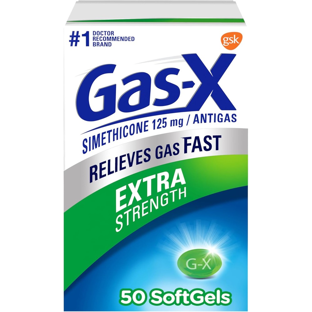 Gas-X Extra Strength Gas Relief Softgels front view retail box for bloating relief