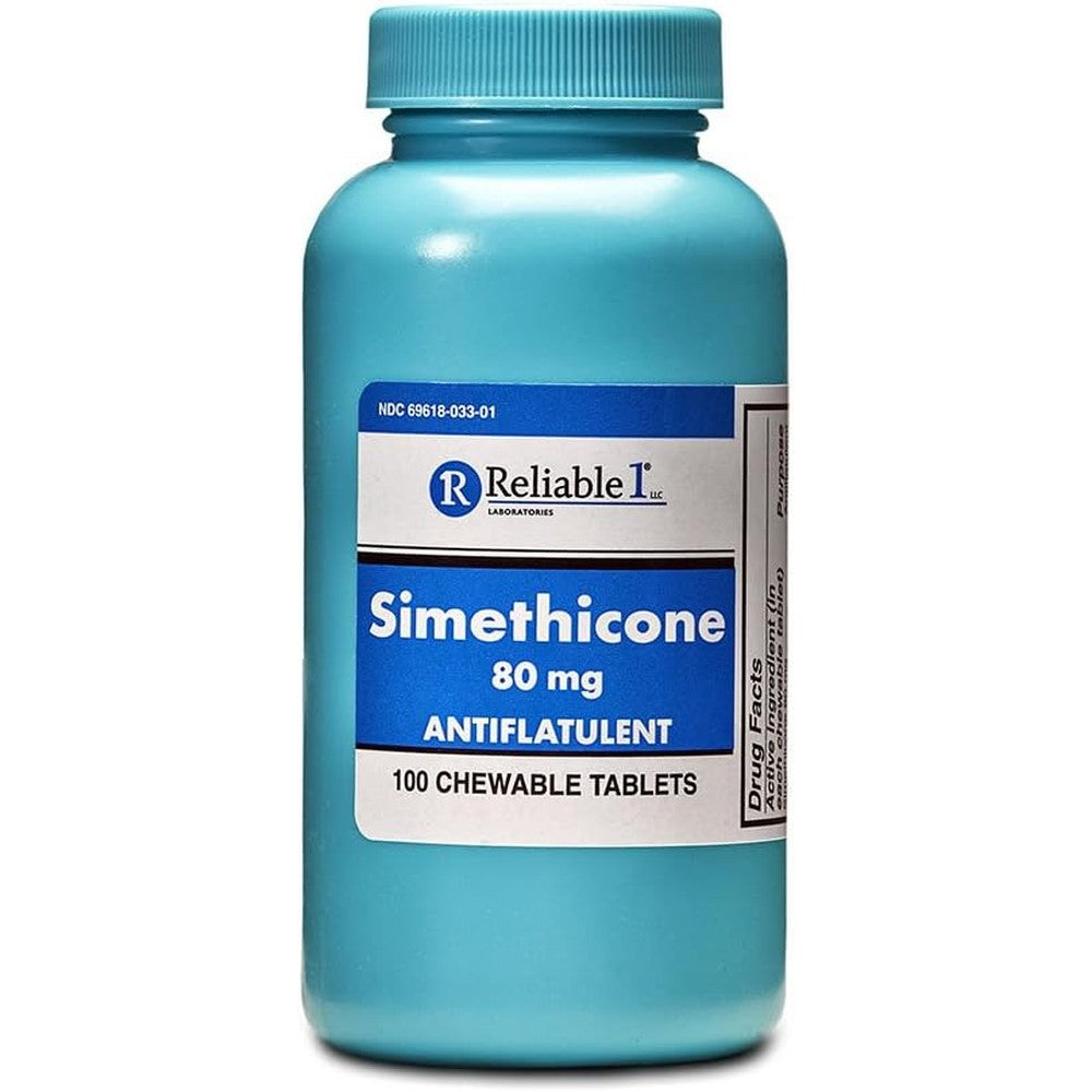 Reliable 1 Laboratories Simethicone 80 Milligrams Anti Gas chewable tablets front bottle view for bloating relief.