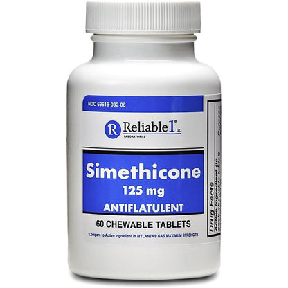 Reliable-1 Laboratories Simethicone 125mg Gas Relief Tablets front view bottle for bloating remedy