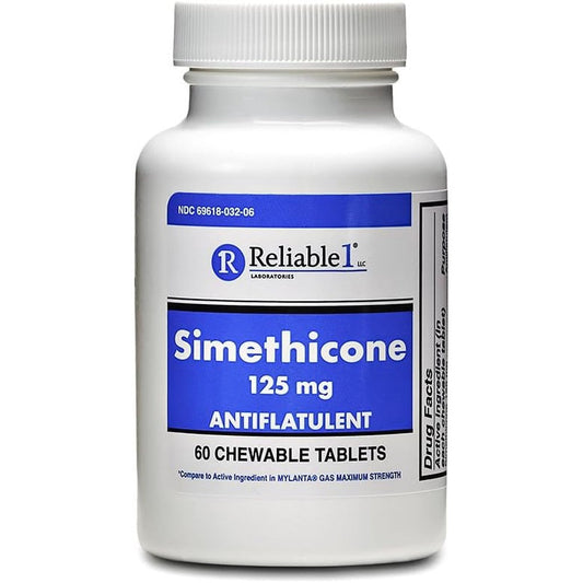 Reliable-1 Laboratories Simethicone 125mg Gas Relief Tablets front view bottle for bloating remedy