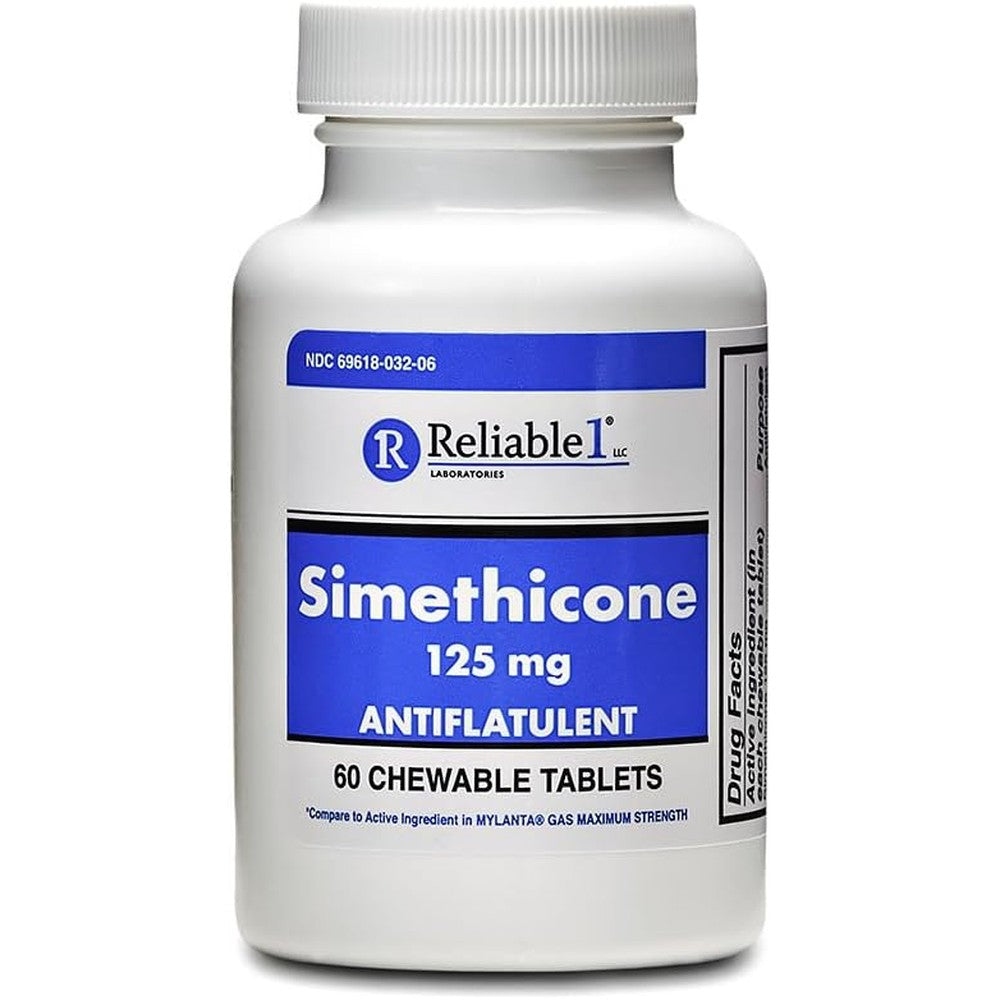 Reliable 1 Laboratories Simethicone 125 mg chewable tablets front view for fast bloating relief.
