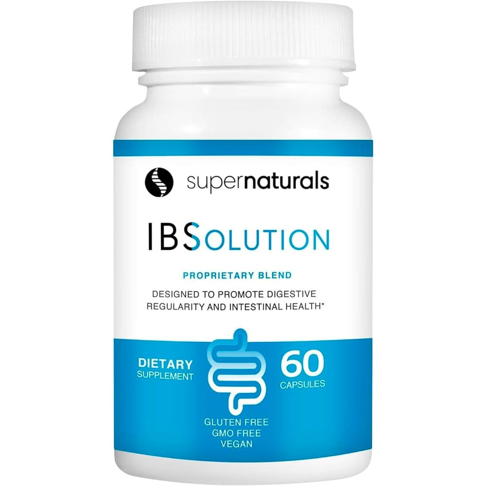 JLM Nutritionals SuperNaturals IBSolution bottle front view showing 60 vegan capsules for gut health