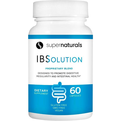 JLM Nutritionals SuperNaturals IBSolution bottle front view showing 60 vegan capsules for gut health