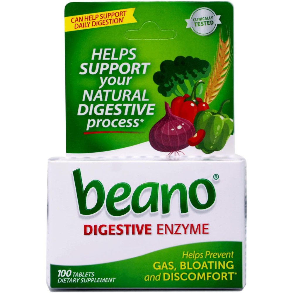 Beano Gas Relief 100 count front packaging showing natural digestive enzyme strength