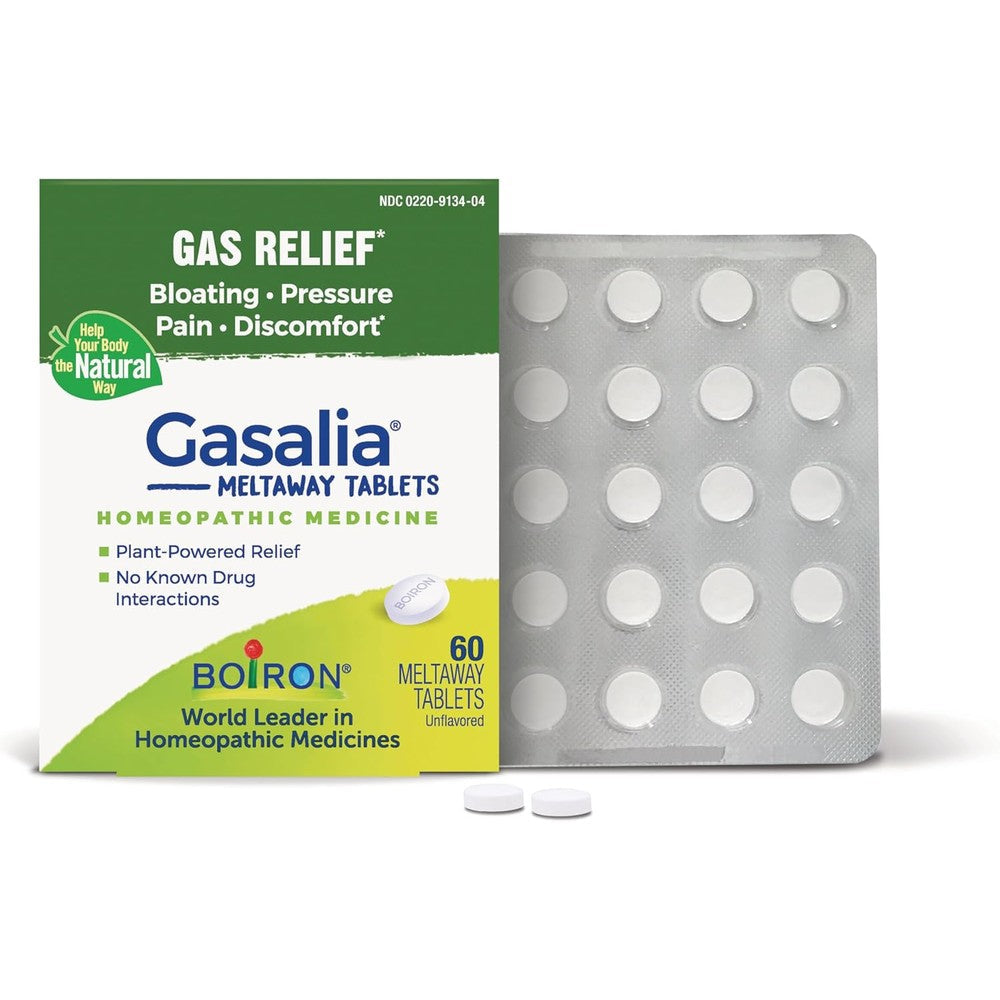 Boiron Gasalia Homeopathic Gas Relief Tablets front view showing sixty count packaging