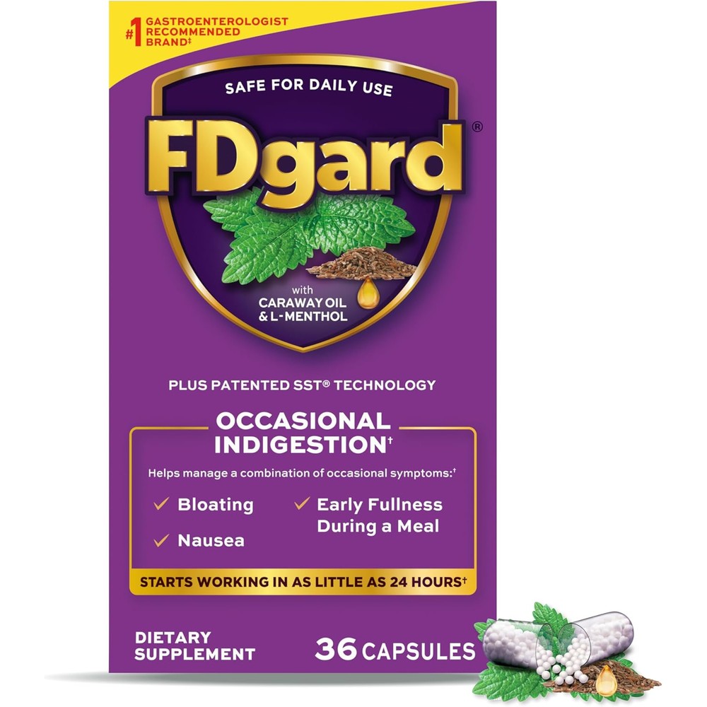 FDgard Gut Health Supplement 36 Capsules box front view for indigestion relief