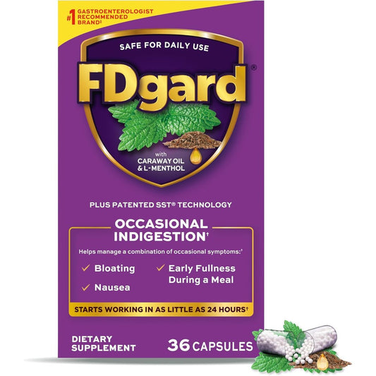 FDgard Gut Health Supplement 36 Capsules box front view for indigestion relief