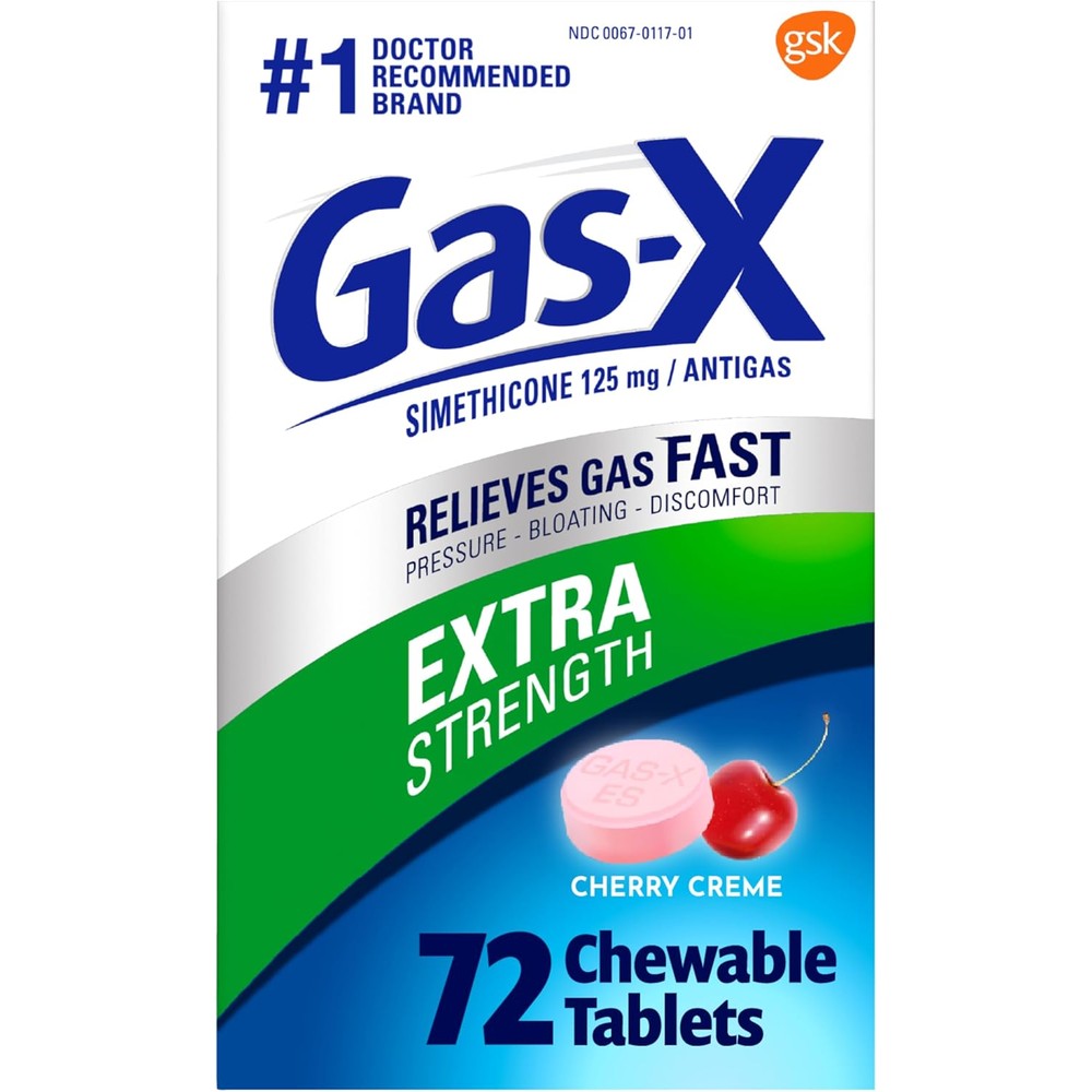 Gas-X Extra Strength Chewable Gas Relief Tablets front packaging showcasing 72 count cherry flavor