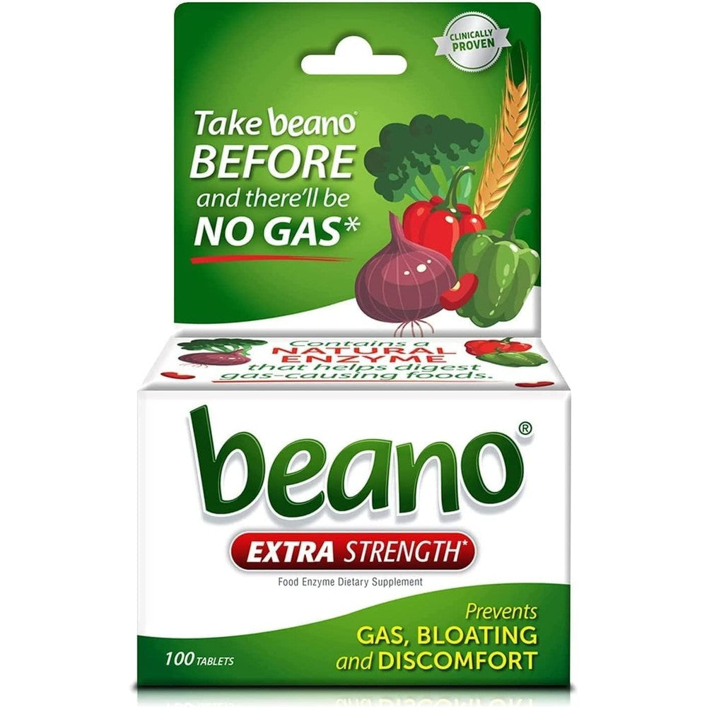 Beano Food Enzyme Dietary Supplement Tablets front view packaging for natural gas prevention
