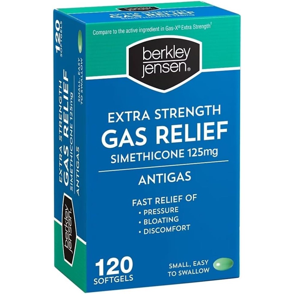 Berkley Jensen extra strength gas relief softgels front view packaging for bloating relief