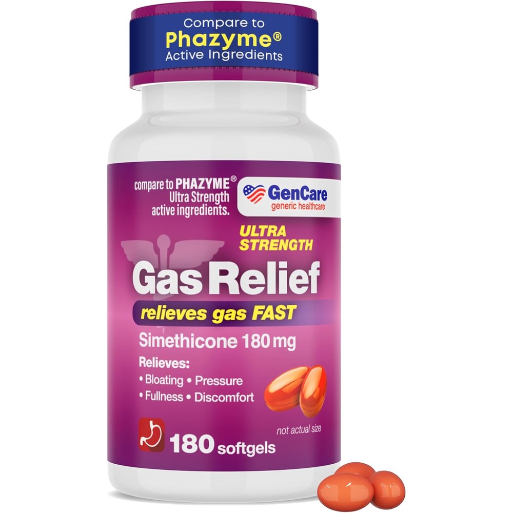 GenCare Ultra Strength Simethicone Gas Relief 180mg front view bottle for fast bloating relief.
