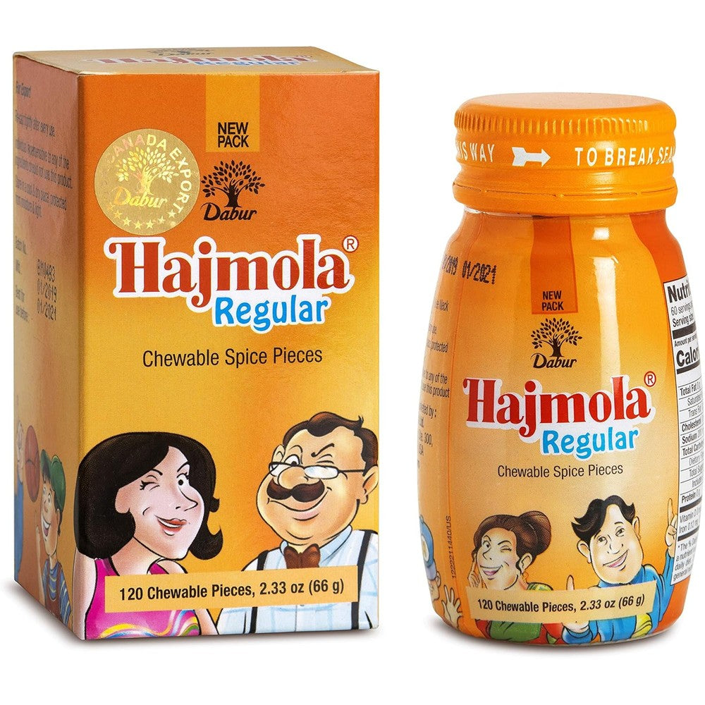 Dabur Hajmola Regular tabs chewable spice pieces 3-pack front view packaging