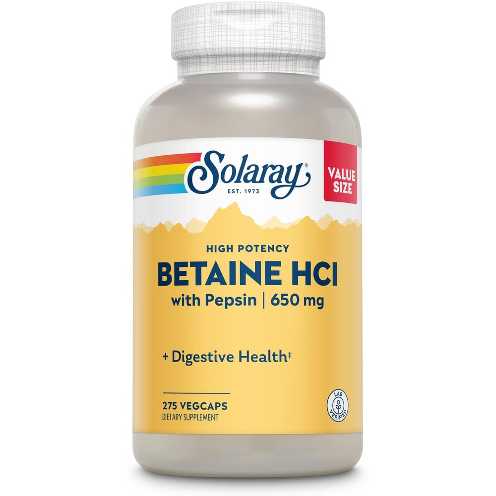 Solaray High Potency Betaine HCL with Pepsin 275 VegCaps front view bottle for digestive health