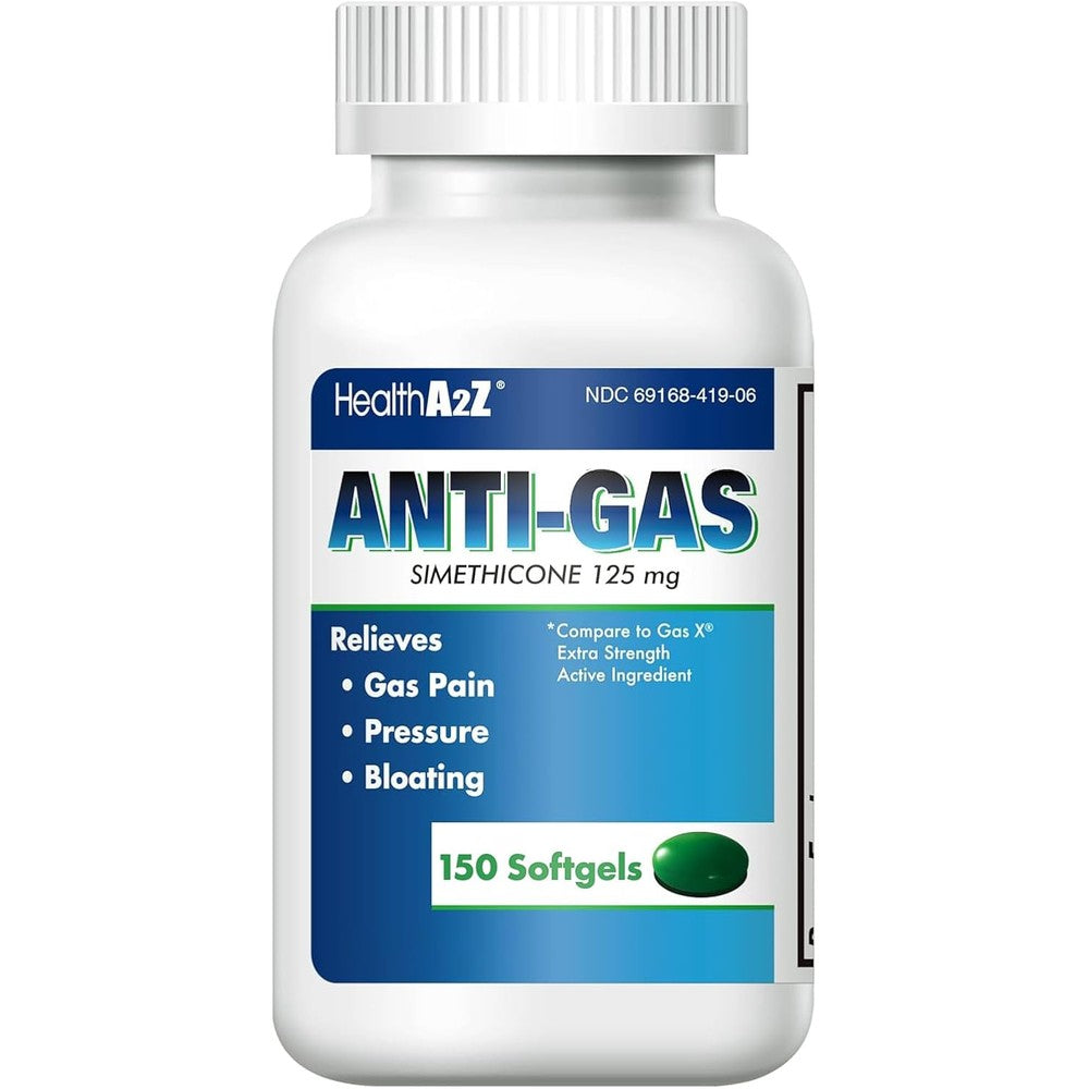HealthA2Z Gas Relief Simethicone 125mg bottle front view showing 150 softgels for fast bloating relief.