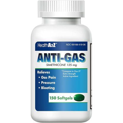 HealthA2Z Gas Relief Simethicone 125mg bottle front view showing 150 softgels for fast bloating relief.