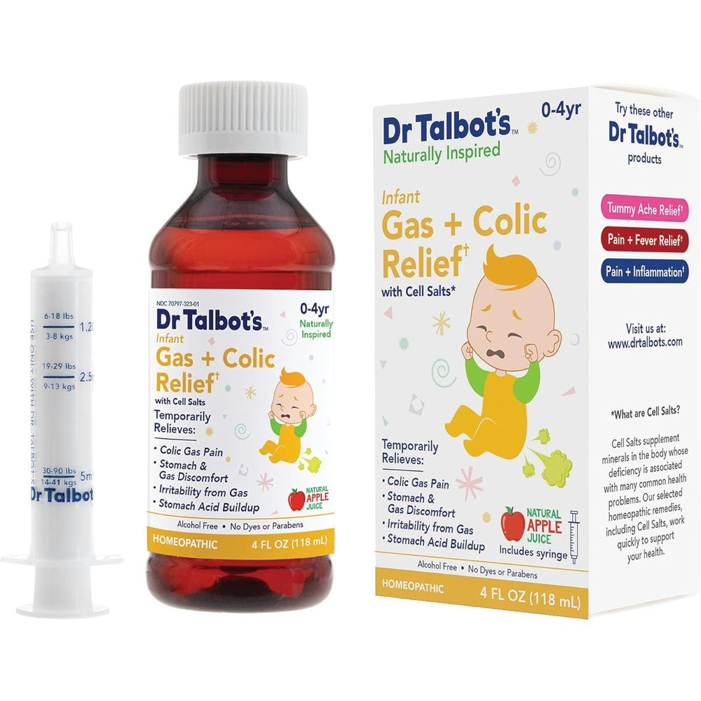 Dr. Talbot's Infant Gas and Colic Relief Liquid Medicine front view of box showing apple juice flavor