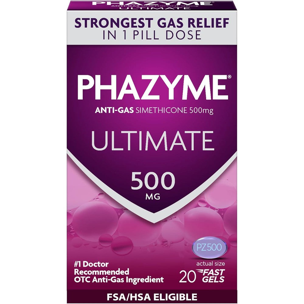 Phazyme Ultimate Strength Anti Gas 500 mg fast gels front packaging view for bloating relief
