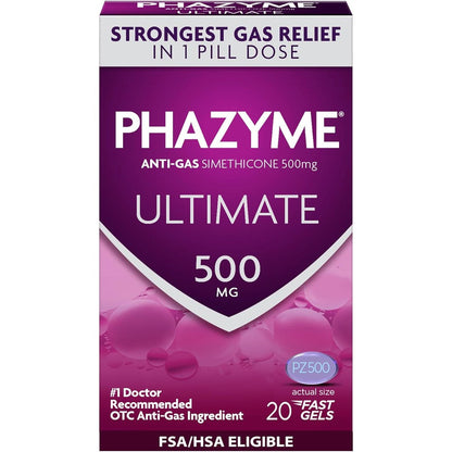 Phazyme Ultimate Strength Anti Gas 500 mg fast gels front packaging view for bloating relief