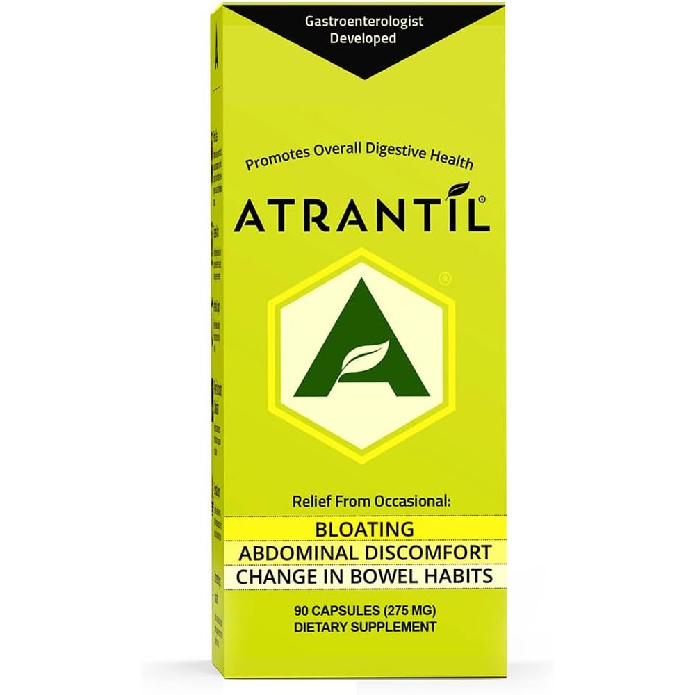 Atrantil 90 Capsules bottle front view showing authentic USA imported packaging for bloating relief.