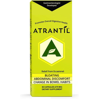 Atrantil 90 Capsules bottle front view showing authentic USA imported packaging for bloating relief.