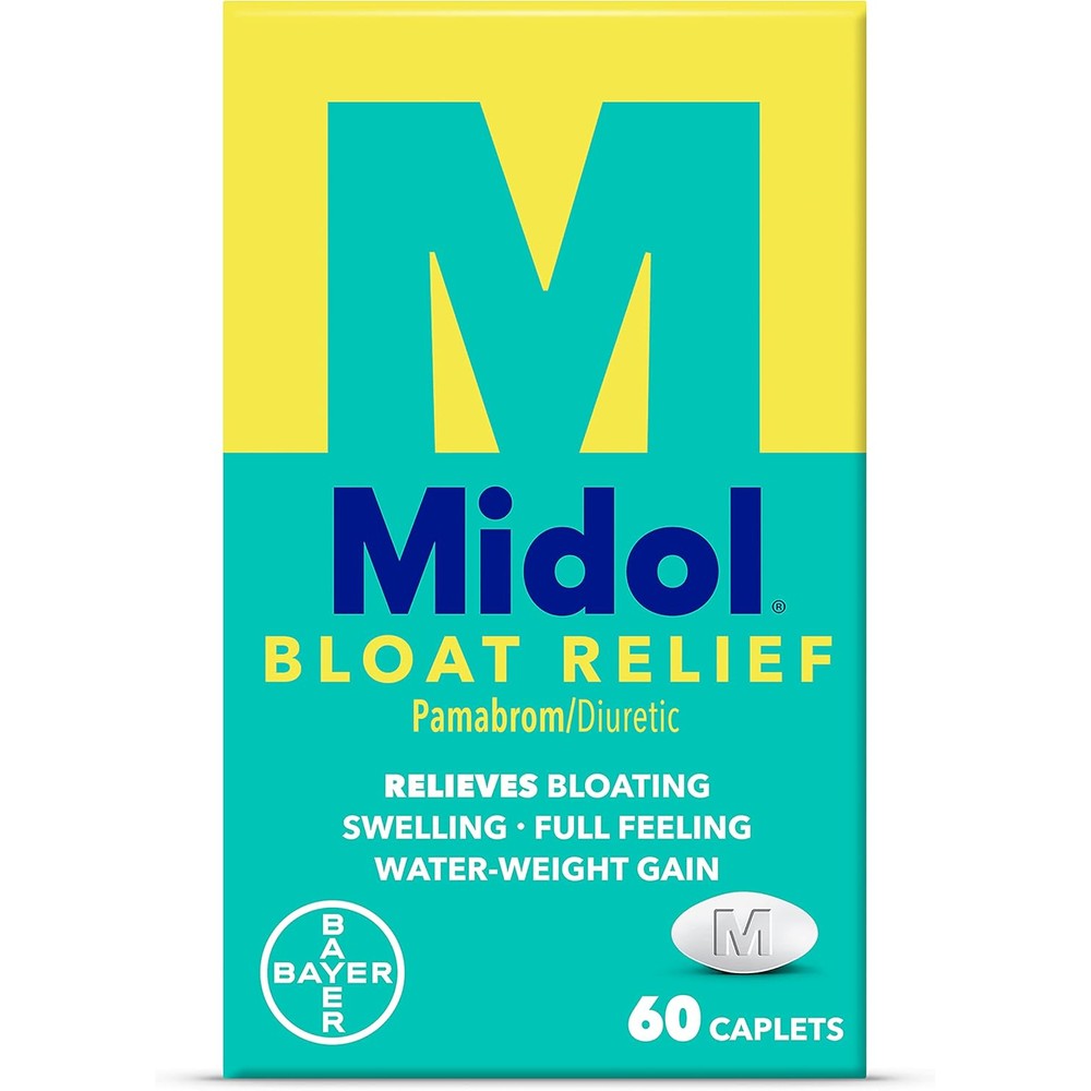 Midol Bloat Relief Caplets 60 Count front packaging for period swelling