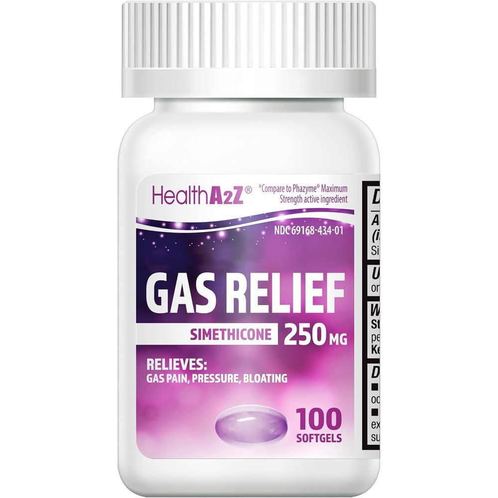 HealthA2Z Gas Relief Simethicone 250mg front bottle view for fast bloating relief.