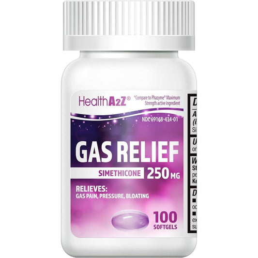 HealthA2Z Gas Relief Simethicone 250mg front bottle view for fast bloating relief.