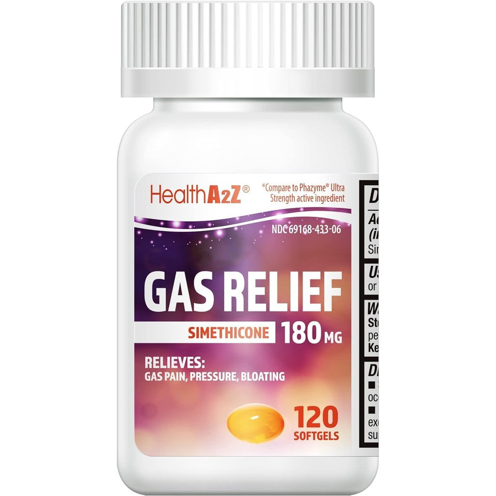 HealthA2Z Gas Relief Simethicone 180mg softgels front packaging for bloating relief