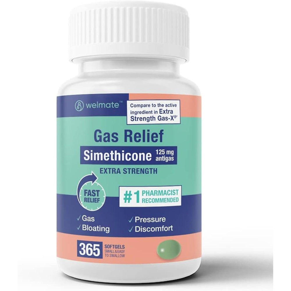 Welmate Extra Strength Gas Relief 365 softgels front view showcasing packaging for bloating support