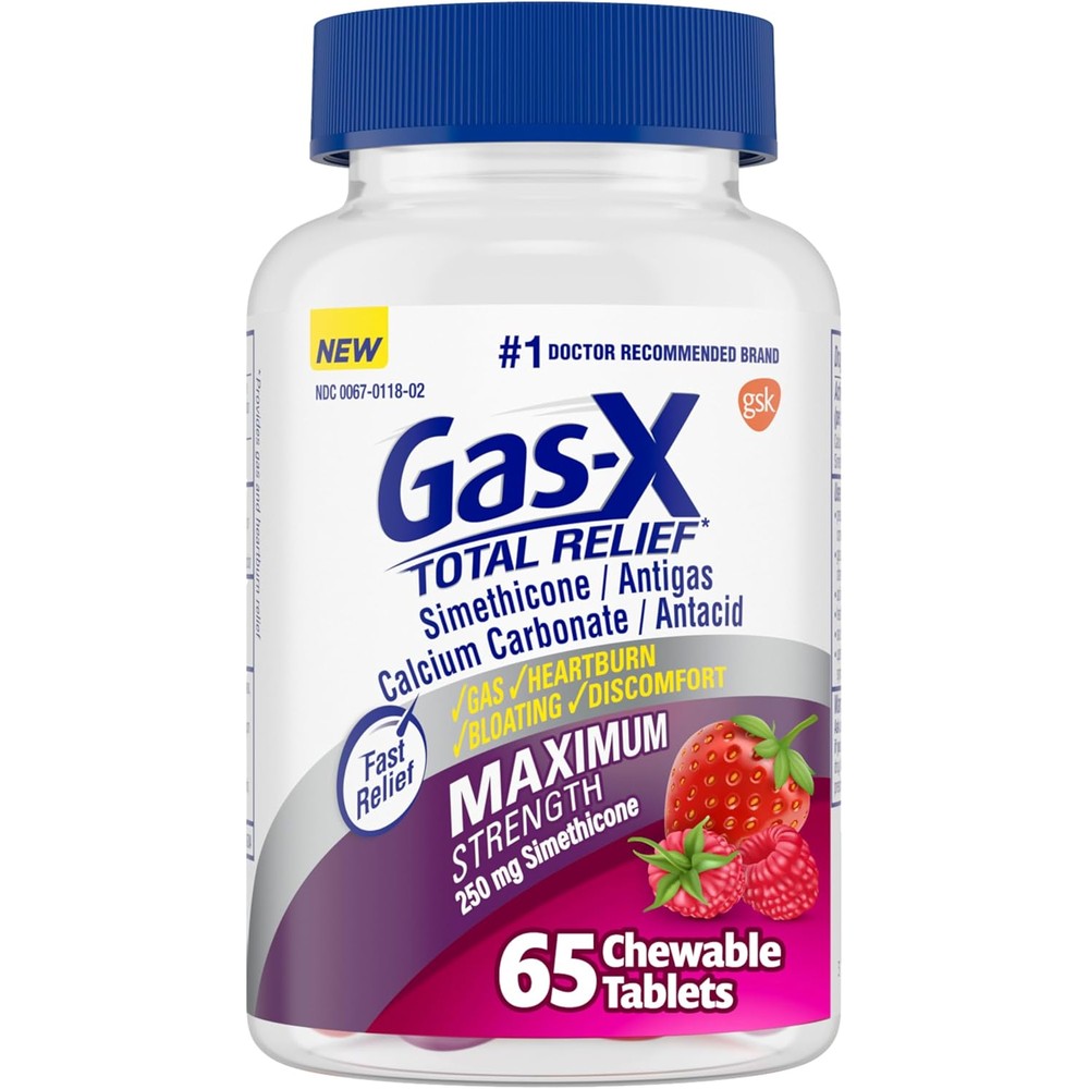 Gas-X Total Relief Chewable Tablets 65 Count front packaging for fast gas and heartburn relief