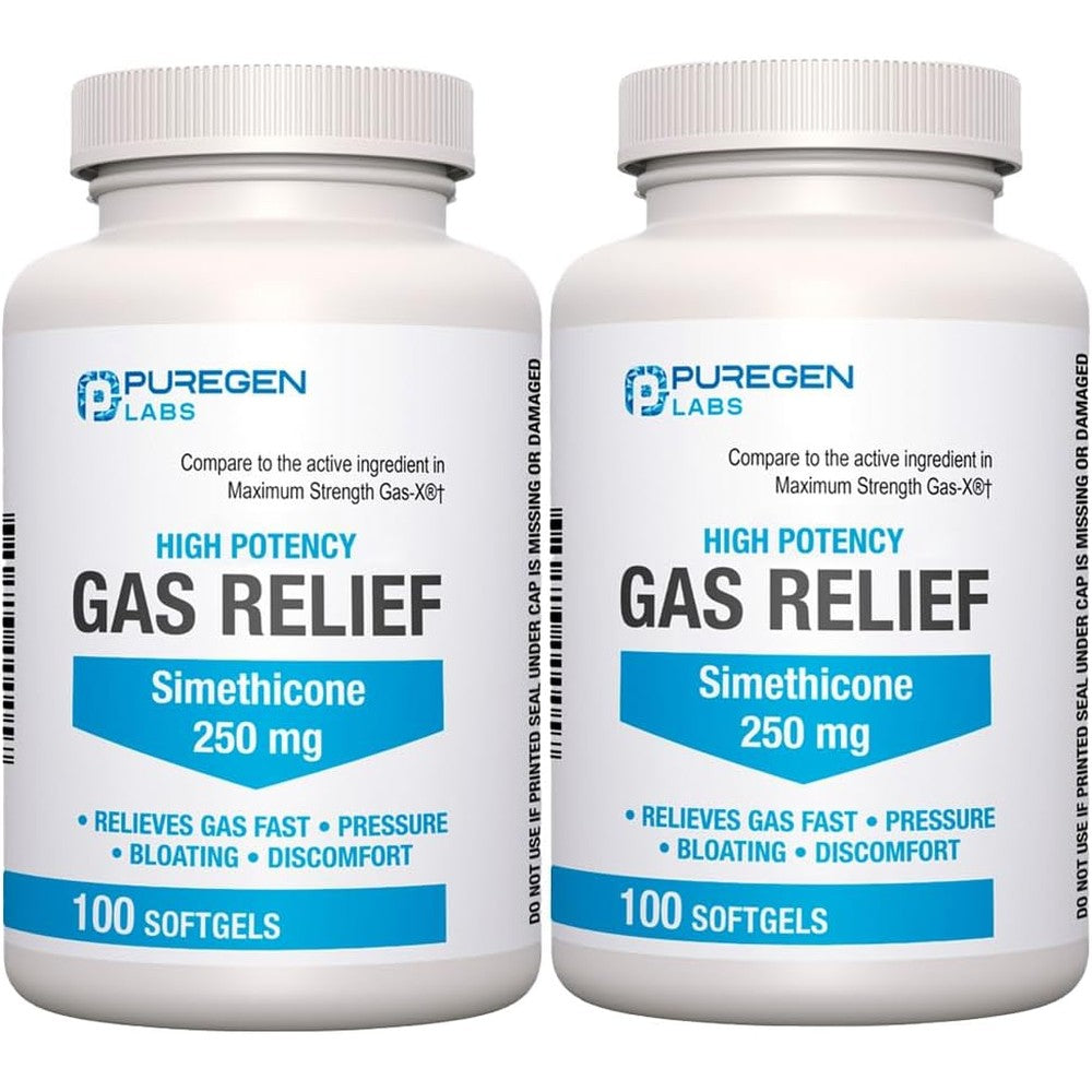 P Puregen Labs High Potency Gas Relief 250 mg softgels front packaging for bloating remedy