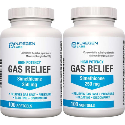 P Puregen Labs High Potency Gas Relief 250 mg softgels front packaging for bloating remedy