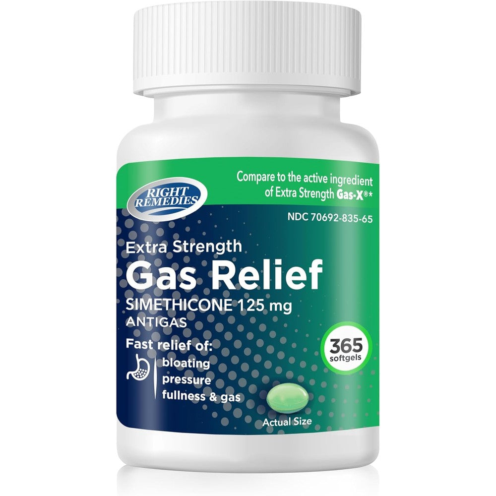 Right Remedies Gas Relief Extra Strength 365 softgels front bottle view for bloating treatment