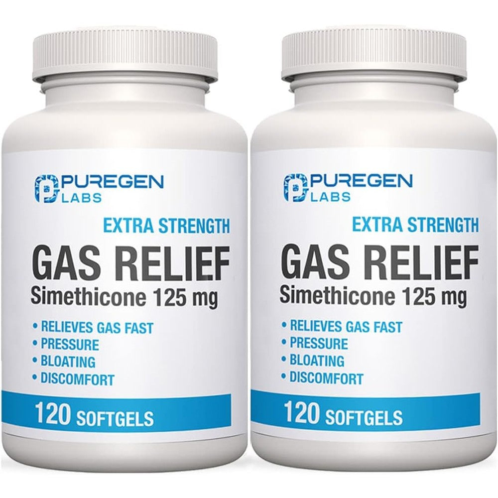P Puregen Labs Extra Strength Gas Relief Softgels front view bottle for bloating relief.