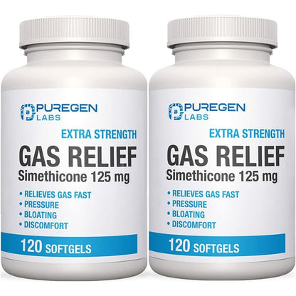 P Puregen Labs Extra Strength Gas Relief Softgels front view bottle for bloating relief.