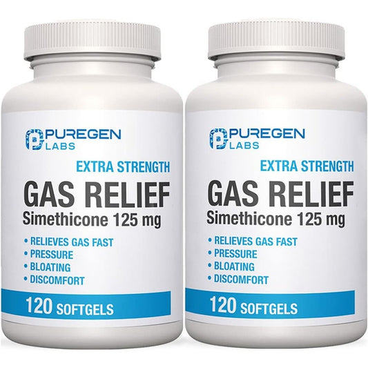 P Puregen Labs Extra Strength Gas Relief Softgels front view bottle for bloating relief.