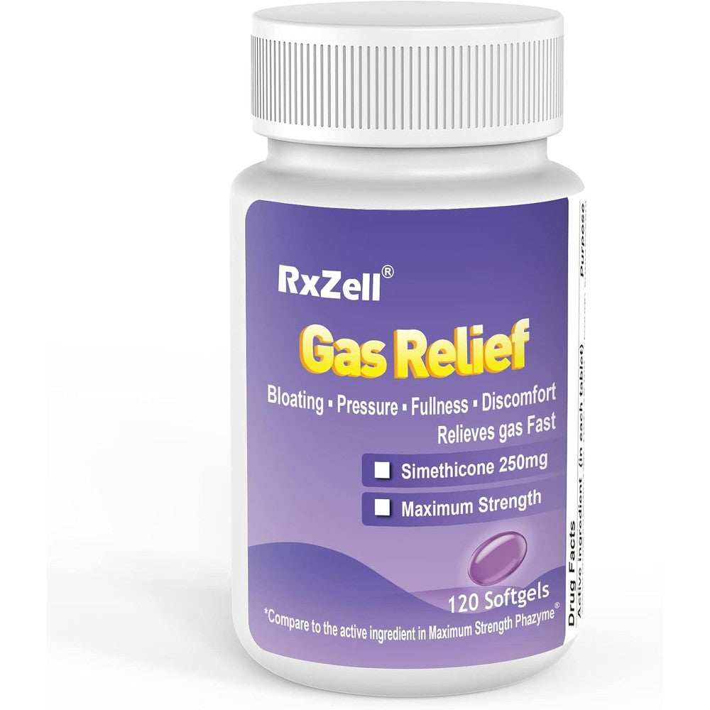 RXZELL Gas Relief Maximum Strength Simethicone 250mg bottle front view for fast bloating relief