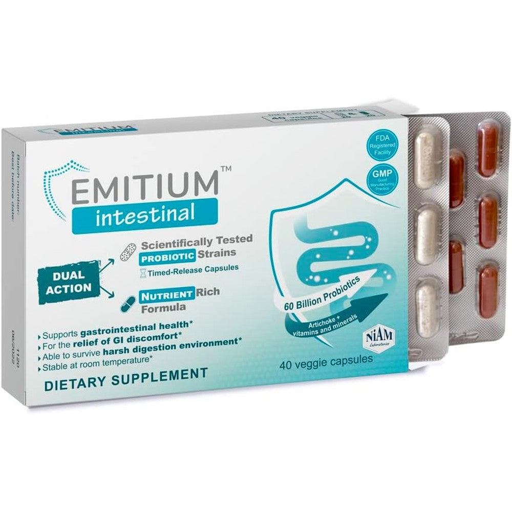 Niam Emitium Intestinal probiotics and prebiotics dual action capsules front view