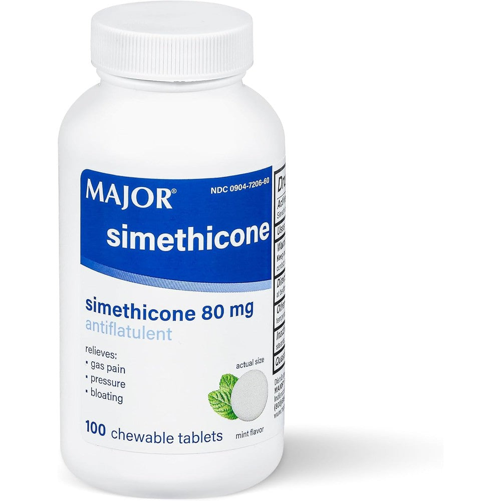 Major Simethicone Gas Relief 80 mg bottle front view showing 100 chewable tablets label.