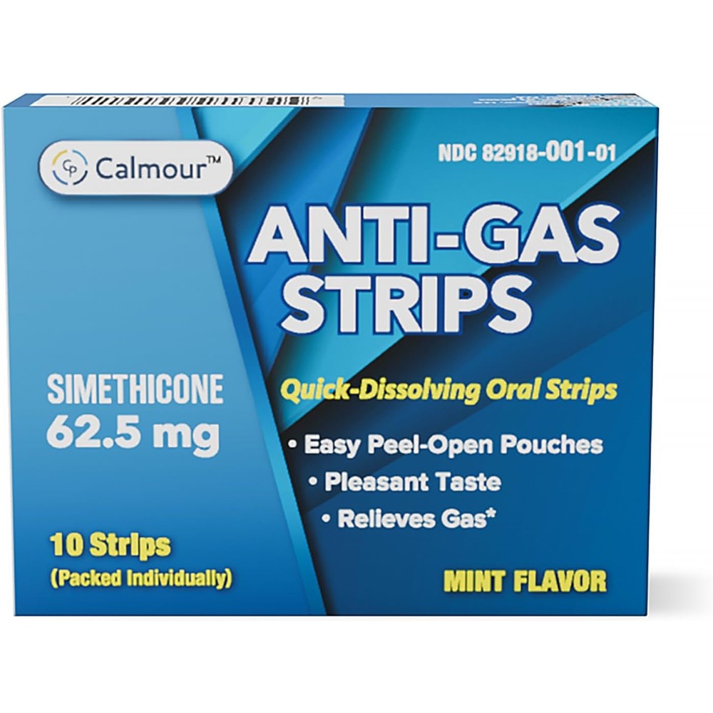 Calmour Anti Gas Relief 10 Strips packaging front view showing mint flavor details