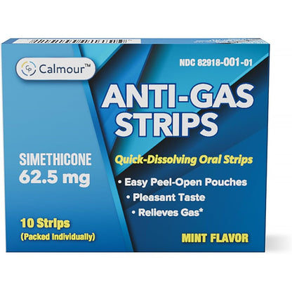 Calmour Anti Gas Relief 10 Strips packaging front view showing mint flavor details