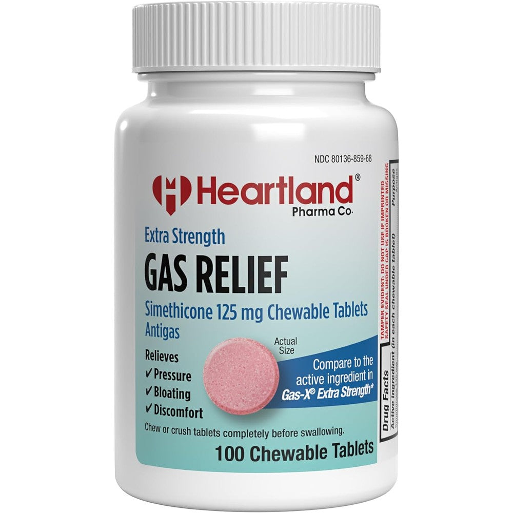 Heartland Pharma Simethicone 125mg Chewable Tablets front bottle view for fast gas relief.