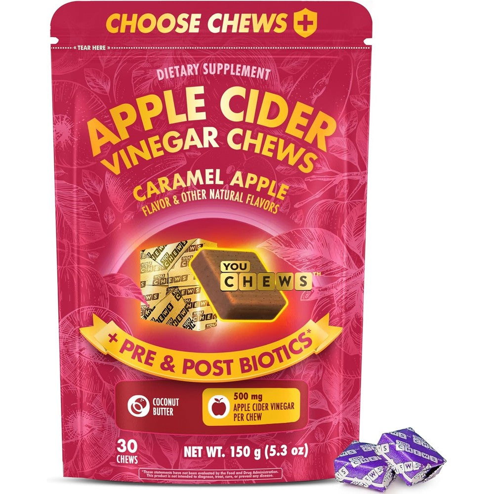 YouChews Apple Cider Vinegar Chews front view pouch for bloating relief